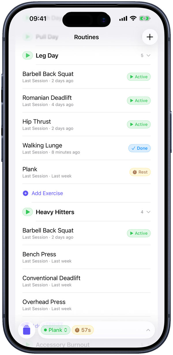 A routine with its exercises. Start the whole thing with the play button, or tap one to begin there.