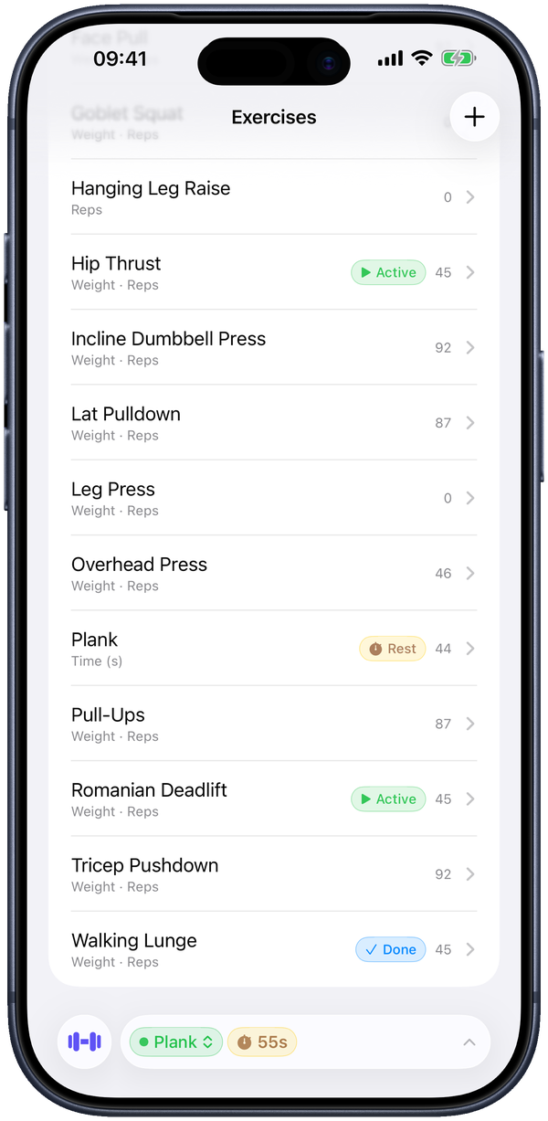 The Exercises tab. Tap + to add one; each row shows what it tracks (Weight · Reps, Reps, Time) and its live status during a workout.