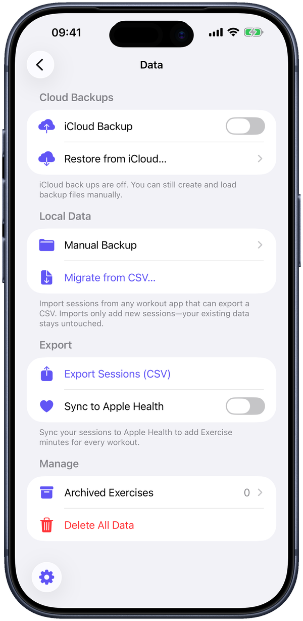 Settings &rarr; Data: iCloud Backup and Restore, Manual Backup, Migrate from CSV, Export Sessions (CSV), and Apple Health sync.