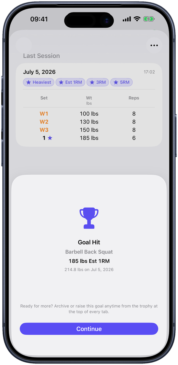 A starred set marks a personal best the moment you log it.