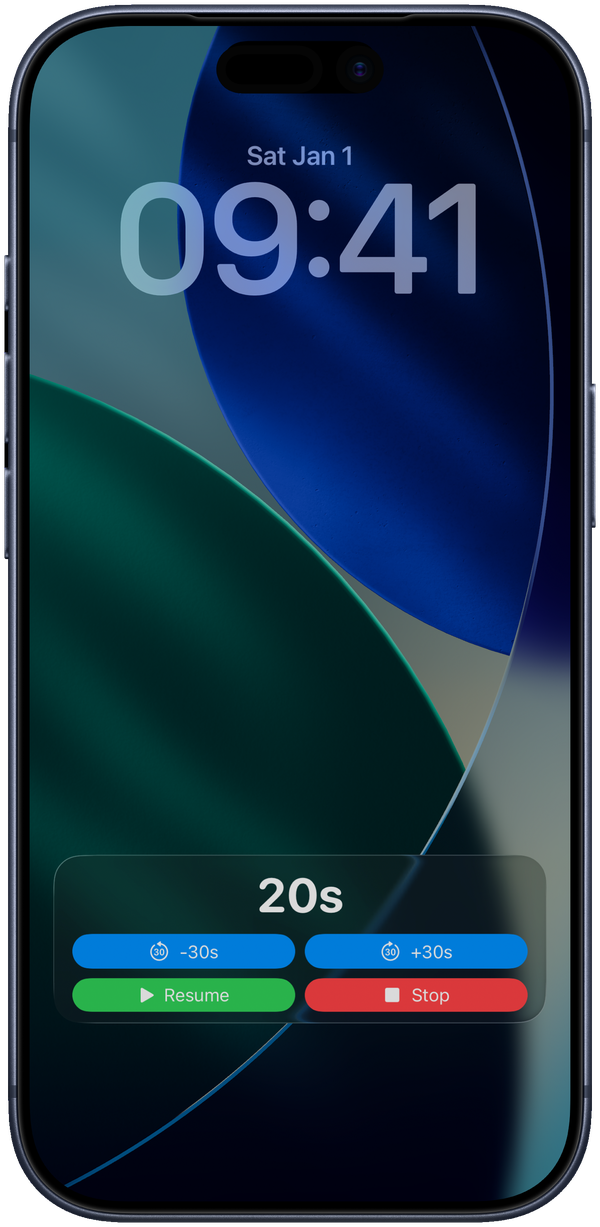 The rest timer as a Live Activity on the Lock Screen &mdash; nudge, pause, resume, or stop it without unlocking.